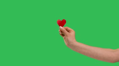 Female blogger hold in hand little red heart on green screen chroma key. Like in social network. Valentines day, international women day, love. Slow motion. Close up.