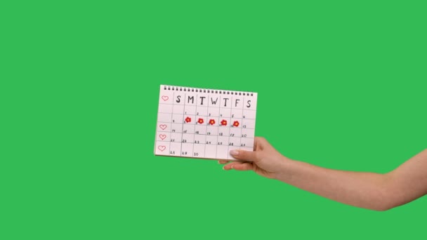 Жіноча рука тримає жіночі періоди календаря для перевірки днів менструації ізольовані на фоні ключа хромосоми на зеленому екрані в студії. Медична гінекологічна концепція. Повільний рух. крупним планом . — стокове відео