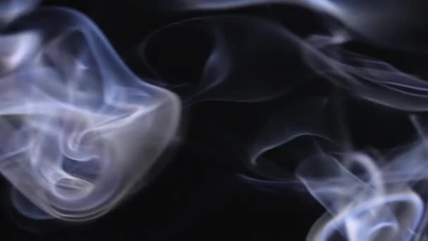 Schön bewegender Rauch tanzt auf schwarzem Hintergrund. Weiße Rauchwolken schweben in Zeitlupe im Raum. Nahaufnahme. — Stockvideo