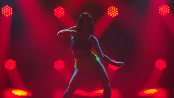 Female dancer shakes ass dancing twerk. Beautiful women dancing booty dance and seductively shaking your body. Silhouette of a slender body in a dark studio with red lights. Slow motion. — Vídeo de Stock