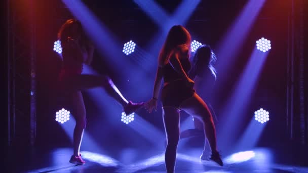 Group of three seductive dancers shaking their butts in short shorts. Silhouettes of young women twerking their asses moving their hips in a dark studio with bright lights. Slow motion. — 图库视频影像