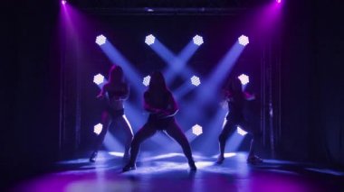 Group of three seductive dancers shaking their butts in short shorts. Silhouettes of young women twerking their asses moving their hips in a dark studio with bright lights. Slow motion.