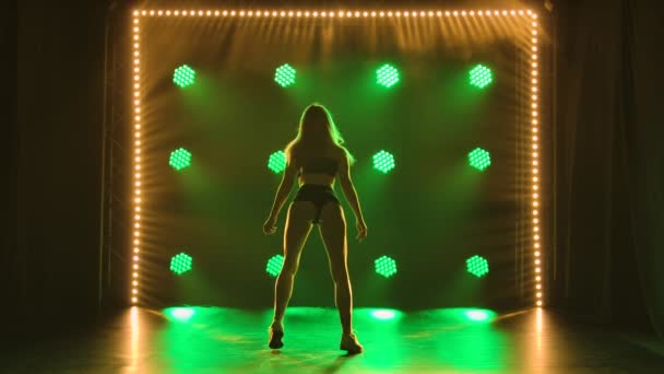 Sexy blonde shakes her ass seductively while dancing twerk in a dark studio with green lights. Silhouette of a slender female body in black short shorts and a top. Slow motion. — 图库视频影像