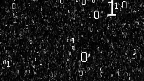 Digitale technologie binaire code vliegen op geïsoleerde zwarte achtergrond. Deeltje van big data afstandjes. Verschaf digitale binaire gegevens en voorspelling aan inlichtingentechnologie. — Stockvideo