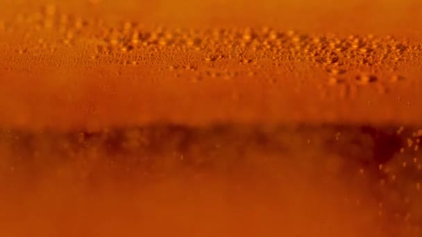 Detail of a beer glass with carbonated liquid. Bubbles floating up in golden beer liquid in slow motion. Close up of a commercial background texture of beer lager with bubbles for advertising. — Stock Video