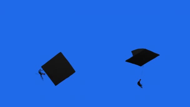 Slow motion of graduation caps thrown on the air in the studio with blue screen background — Stock Video