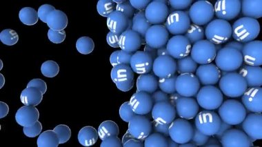 Editoryal animasyon: Düşen ve ekranı dolduran 3D mavi topları siyah arkaplanda simge Imo.im ile dikey animasyon..
