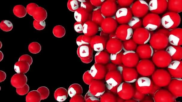 Editorial animation: Vertical animation of falling and filling screen 3D red balls with icon button play at black background. Alpha channel. Public social network YouTube. — Stock Video