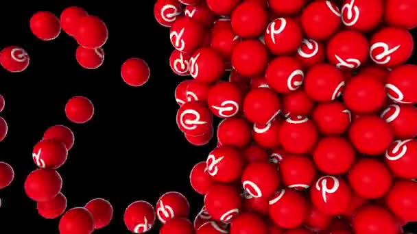 Editorial animation: Vertical animation of falling and filling screen 3D red balls with icon pinterest at black background. — Stock Video