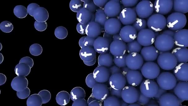 Redaksjonell animasjon: Vertikal animasjon av 3D-blå baller i fallskjerm med ikon-Facebook på svart bakgrunn. – stockvideo