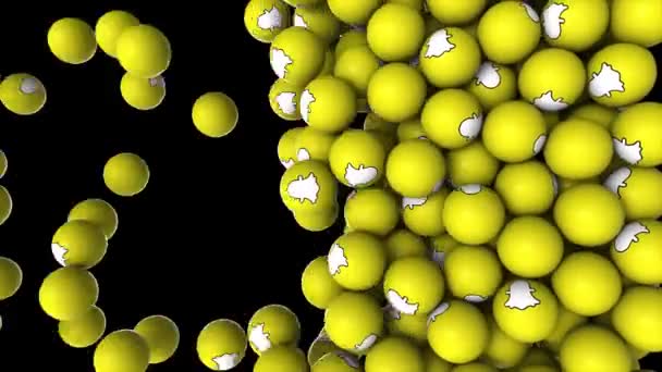 Animação editorial: Animação vertical de queda e preenchimento de tela 3D bolas amarelas com ícone Snapchat em fundo preto. — Vídeo de Stock