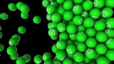 Editoryal animasyon: Düşen ve ekran 3 boyutlu yeşil topları siyah arkaplanda simge WhatsApp ile dolduran dikey animasyon.