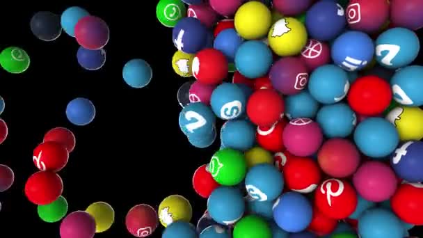 Redactionele animatie: Verticale animatie van vallende en invullende 3D ballen met icoon van de populairste sociale media ter wereld. — Stockvideo