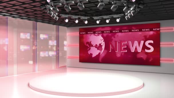 Tv studio. News room. Blye and red background. General and close-up shot. News Studio. Studio Background. Newsroom bakground. The perfect backdrop for any green screen or chroma key video production — Stock Video