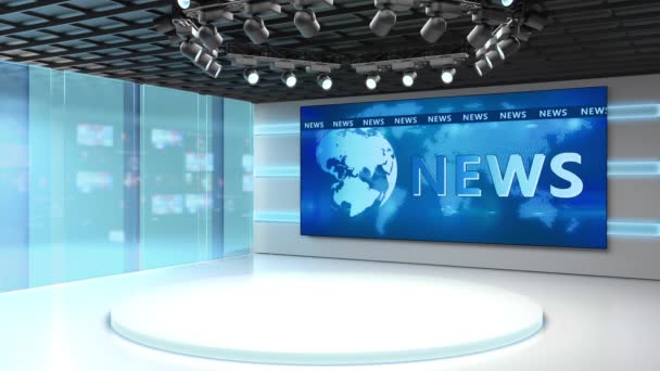 Tv studio. News room. Blye and red background. General and close-up shot. News Studio. Studio Background. Newsroom bakground. The perfect backdrop for any green screen or chroma key video production — Stock Video