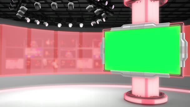 Fernsehstudio. Nachrichtenraum. Lauge und roter Hintergrund. General und Nahaufnahme. News Studio. Studiohintergrund. Zeitungsbäckerei. Die perfekte Kulisse für jede Green Screen- oder Chroma-Keyvideoproduktion — Stockvideo