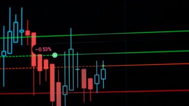 Yatırım terminali ticareti. Borsada fiyat değişimleri. Japon mumları. FREX. Finansal teknoloji konsepti. Kripto para birimi. Bilgisayardaki veya bilgisayardaki uygulamayı görüntüle. Kapat.