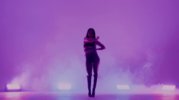 Silhouette of sexy brunette woman in black leather lingerie is sensually dancing in dark smoky studio with purple lights. Stripper moves erotically, waves hair, caresses attractive body. Slow motion. — Stock Video