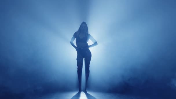 Silhouette of sexy brunette in black leather lingerie is dancing erotically in a dark smoky studio illuminated by blue lights. Sensual stripper dance, private dance, go go. Slow motion. — Stock Video