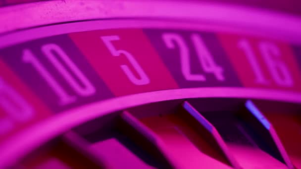 Ett kasino roulett hjul med en vit boll på en röd 36 i strålarna av lila neonljus. Kasinospel bord, nära nummer. En del av rouletthjulet körs i slow motion. Selektiv inriktning. — Stockvideo