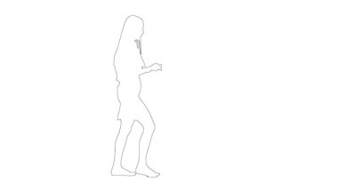 Beyaz arka planda izole edilmiş, uzun saçlı, yürüyen ve cep telefonuyla konuşan zayıf bir kızın taslağını çiz.