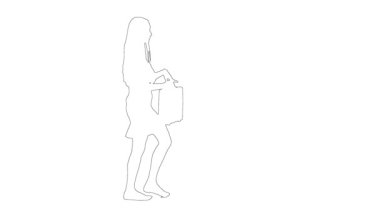 Elinde evrak çantası olan zayıf bir kızın robot resmi. Saatine baktı ve beyaz arka planda tek başına hareket etti.