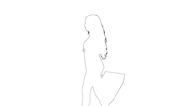 Outline sketch of fashion girl with long hair walking. Female shopper with packages isolated on white background. Side view — Stock Video