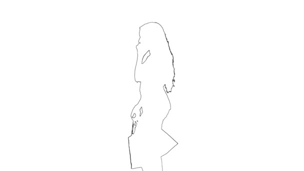 Περίγραμμα σκίτσο του κοριτσιού της μόδας με μακριά μαλλιά περπάτημα και μιλώντας στο κινητό της τηλέφωνο. Πλευρική άποψη — Αρχείο Βίντεο