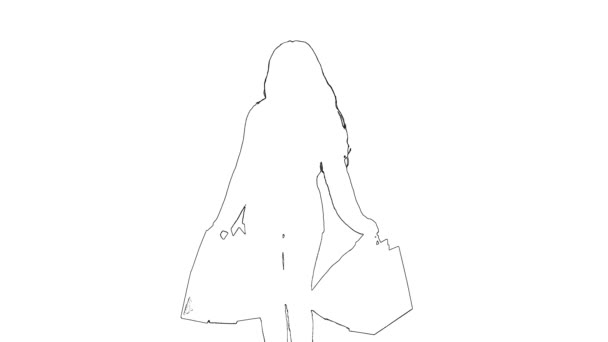 Esboço esboço da menina da moda com andar de cabelo longo. Comprador feminino com pacotes isolados em fundo branco — Vídeo de Stock