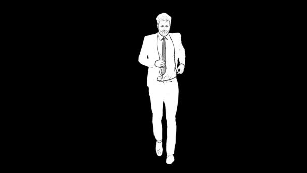 White outline sketch of man with beard in suit and tie is running isolated on black background — Stock Video
