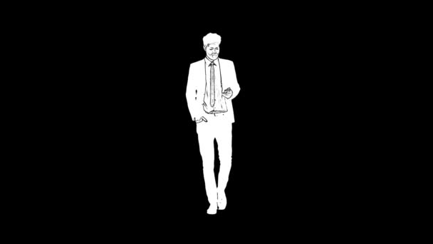 Esboço branco esboço do homem com barba em terno e gravata está andando e escreve uma mensagem no celular isolado no fundo preto — Vídeo de Stock