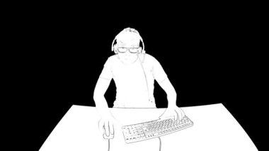 Gözlüklü ve büyük kulaklıklı genç oyuncunun taslağı masanın yanında oturuyor ve siyah arka planda bilgisayar oyunlarında oynuyor..
