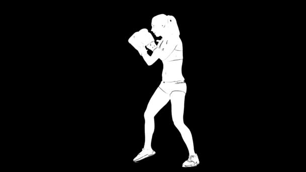 Esquisse de contour blanc de la femme en gants de boxe s'entraîne isolé sur fond noir — Video