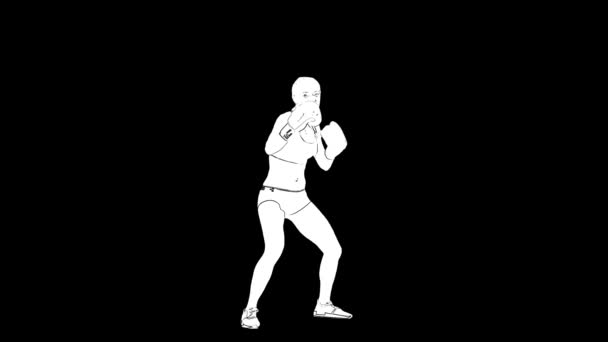 Белый набросок женщины в боксёрских перчатках тренируется изолированно на черном фоне — стоковое видео