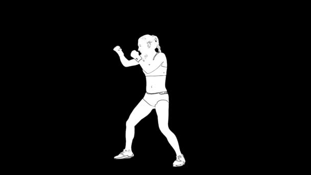 ボクシンググローブの女性の白いアウトラインスケッチは黒の背景に隔離されたトレーニングです。 — ストック動画