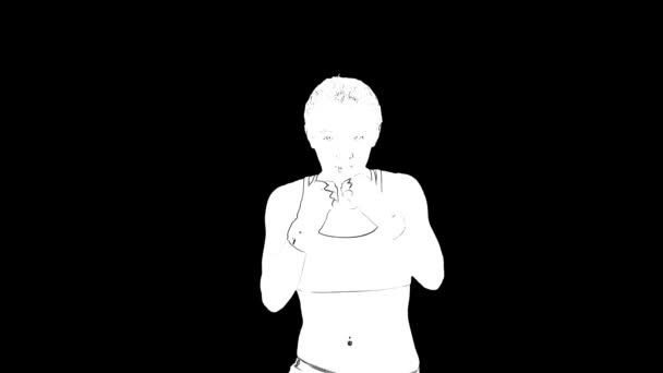 Portrait of white outline sketch of woman in boxing gloves is training isolated on black background. — Stok Video