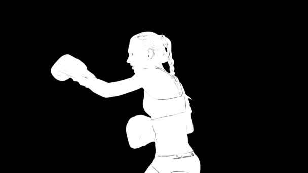 ボクシング手袋の女性の白いアウトラインスケッチの肖像は黒の背景に隔離されたトレーニングです。. — ストック動画