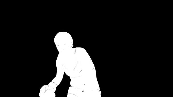 Portrait of white outline sketch of woman in boxing gloves is training isolated on black background. — Stock Video