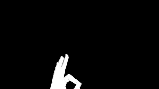 Obrys bílý náčrt ruky ukazující OK gesto na černém pozadí. — Stock video