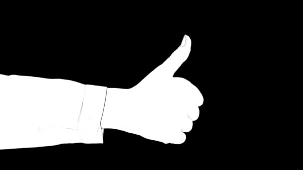 Obrys bílý náčrt ukazující palec nahoru gesto znamení jako na černém pozadí. — Stock video