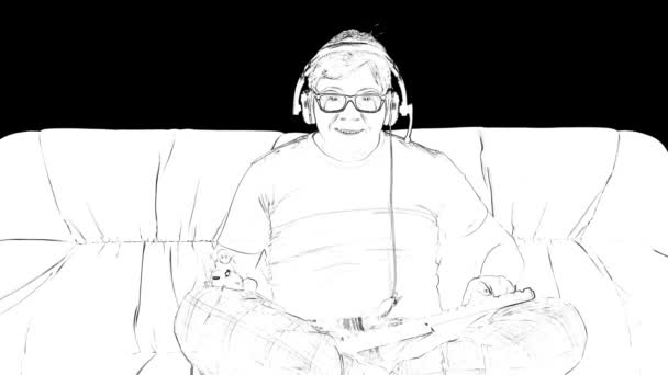 Outline white sketch of young gamer in glasses and big headphones is sitting on a couch, playing in video games on black background. — Stock Video