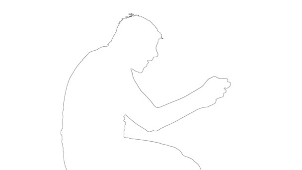 Outline profile white sketch of young gamer in big headphones is sitting on a couch, playing in video games on black background. — Stock Video