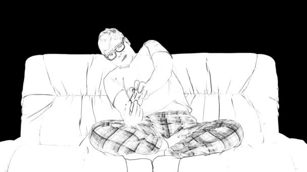 Zarys biały szkic młodego gracza w okularach siedzi na kanapie, grając w gry wideo na czarnym tle. — Wideo stockowe