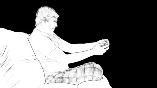 Outline profile white sketch of young gamer is sitting on a couch, playing in video games on black background. — Stock Video