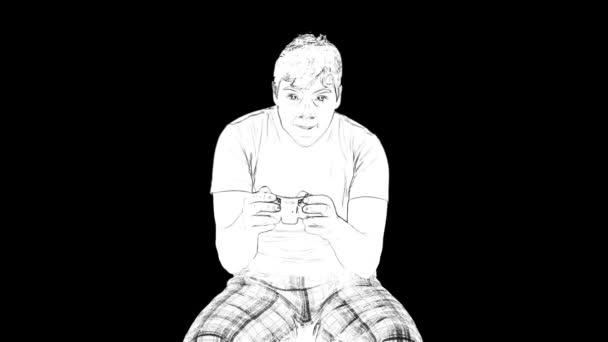 Esquisse blanche de contour du jeune joueur est assis et joue dans des jeux vidéo sur fond noir. — Video