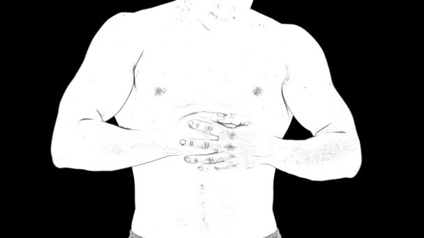 Outline white sketch of man experiences feeling pain in ribs on black background. — Stock Video