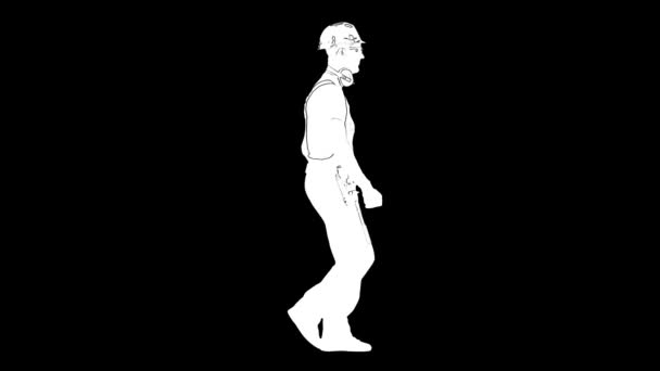 Начерки білого ескізу будівельника чоловічої статі в шоломі щасливі ходити на чорному тлі. Вид збоку — стокове відео