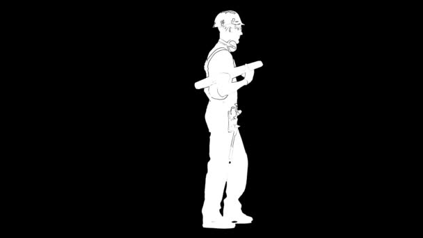 Schema bianco schizzo del costruttore maschio in casco sta camminando e porta un disegno su sfondo nero. Vista laterale — Video Stock