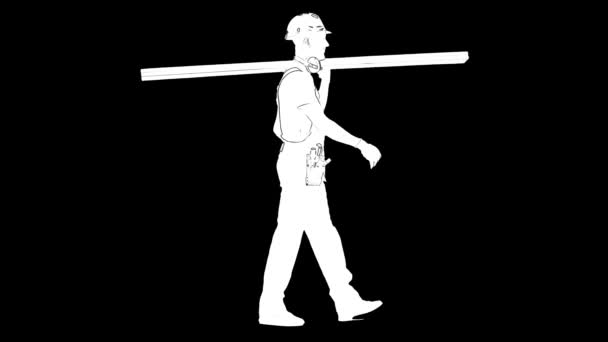 Obrys bílého náčrtu stavitele muže v helmě s dřevěnými deskami v rukou kráčí po černém pozadí. Boční pohled — Stock video