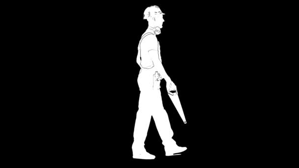 Disposition vit skiss av byggmästare hane i hjälm med en såg i händerna går på svart bakgrund. Sidovy — Stockvideo